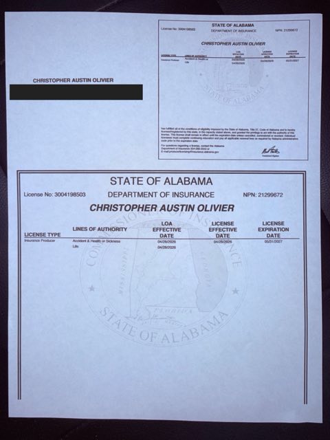 Alabama health insurance license certificate - Christopher A Olivier, NPN 21299672