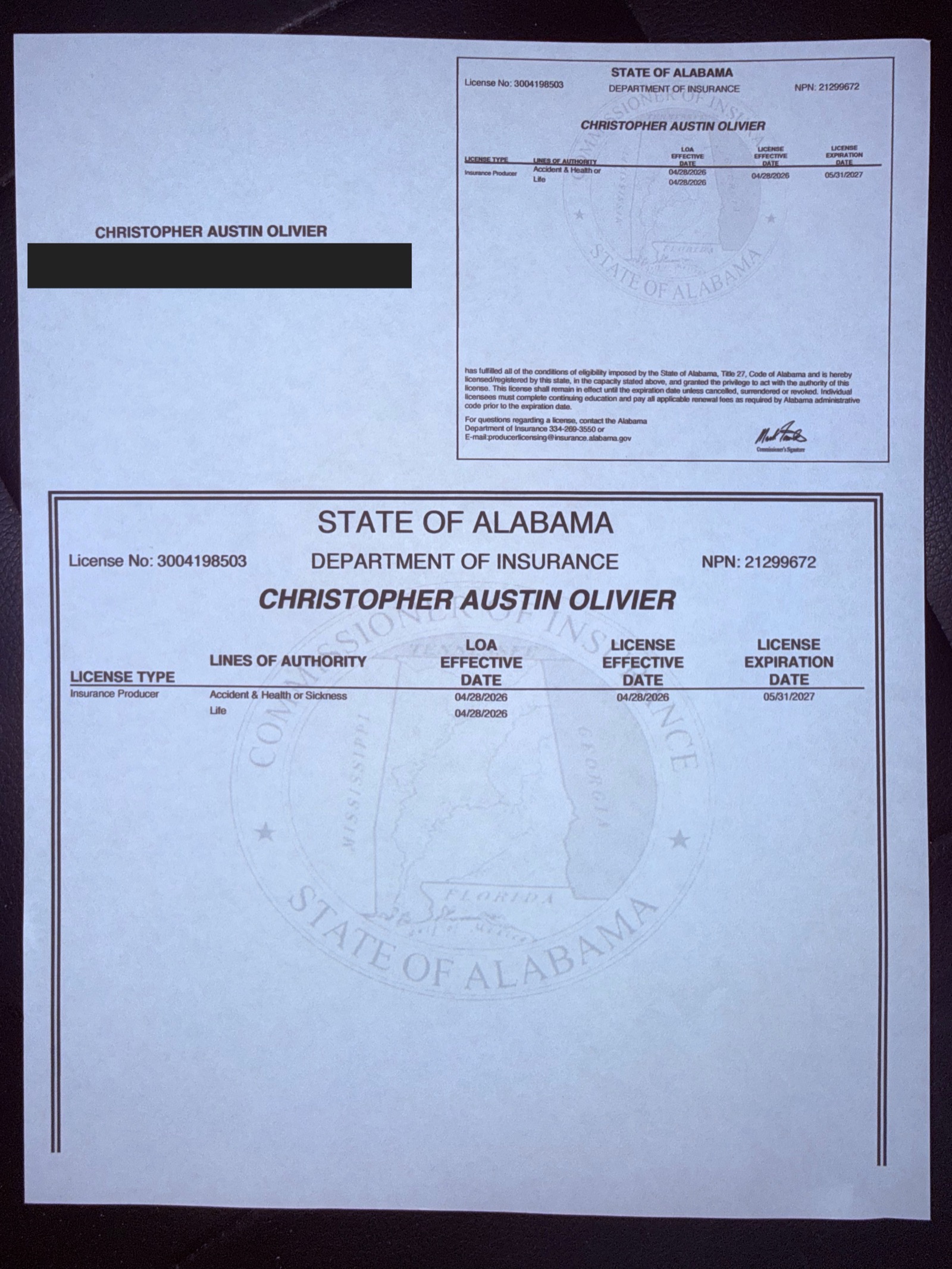 Redacted Alabama insurance producer license certificate for Christopher A. Olivier, NPN 21299672