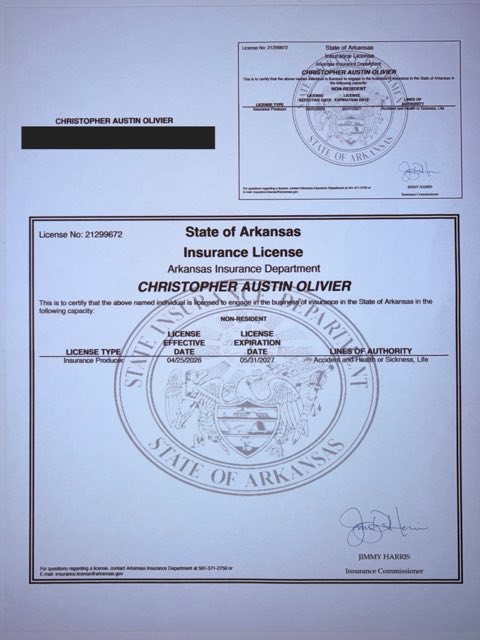 Arkansas health insurance license certificate - Christopher A Olivier, NPN 21299672