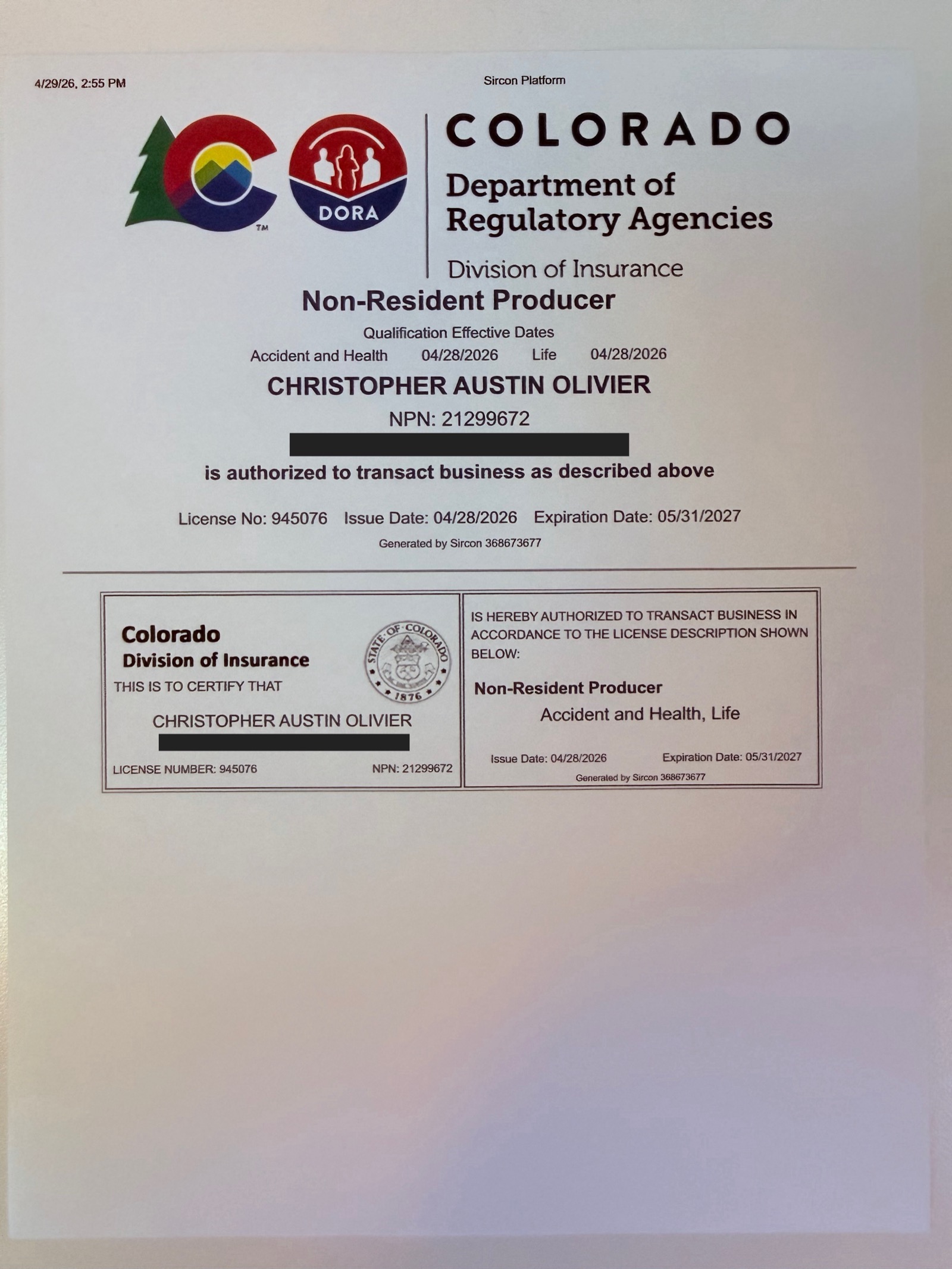 Redacted Colorado insurance producer license certificate for Christopher A. Olivier, NPN 21299672