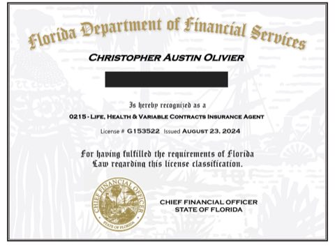 Florida health insurance license certificate - Christopher A Olivier, NPN 21299672