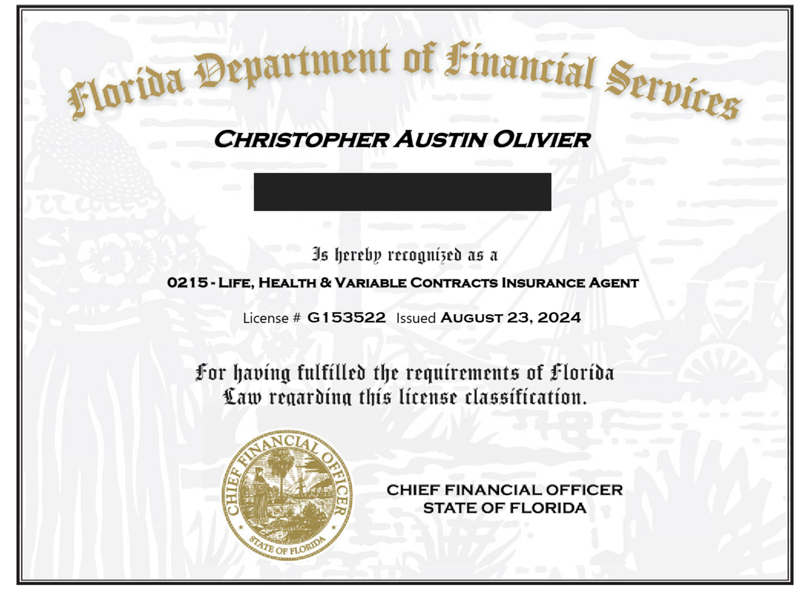 Redacted Florida insurance producer license certificate for Christopher A. Olivier, NPN 21299672
