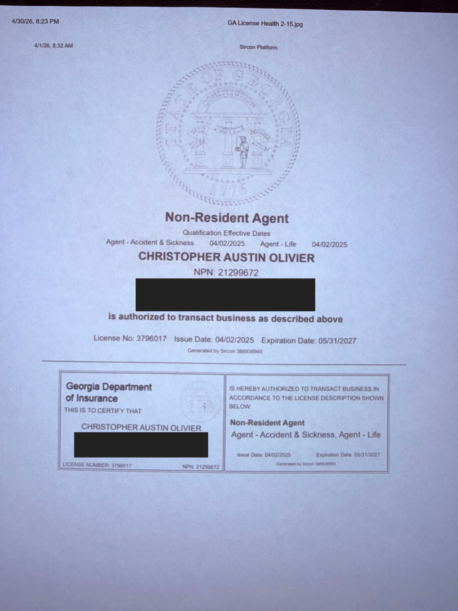 Redacted Georgia insurance producer license certificate for Christopher A. Olivier, NPN 21299672