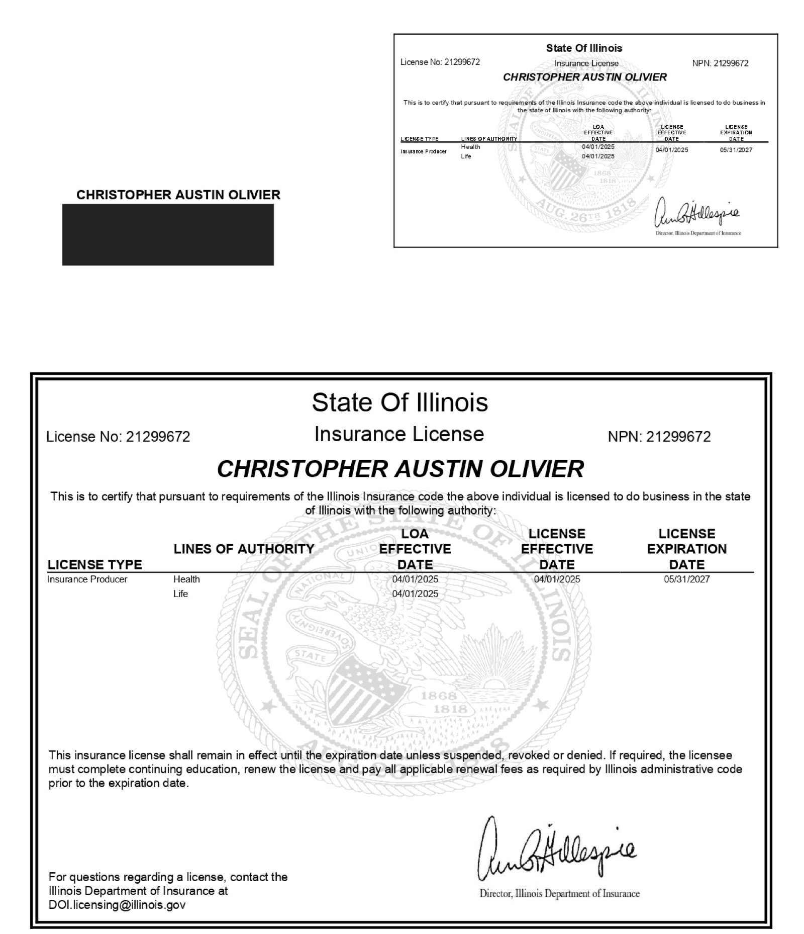 Redacted Illinois insurance producer license certificate for Christopher A. Olivier, NPN 21299672