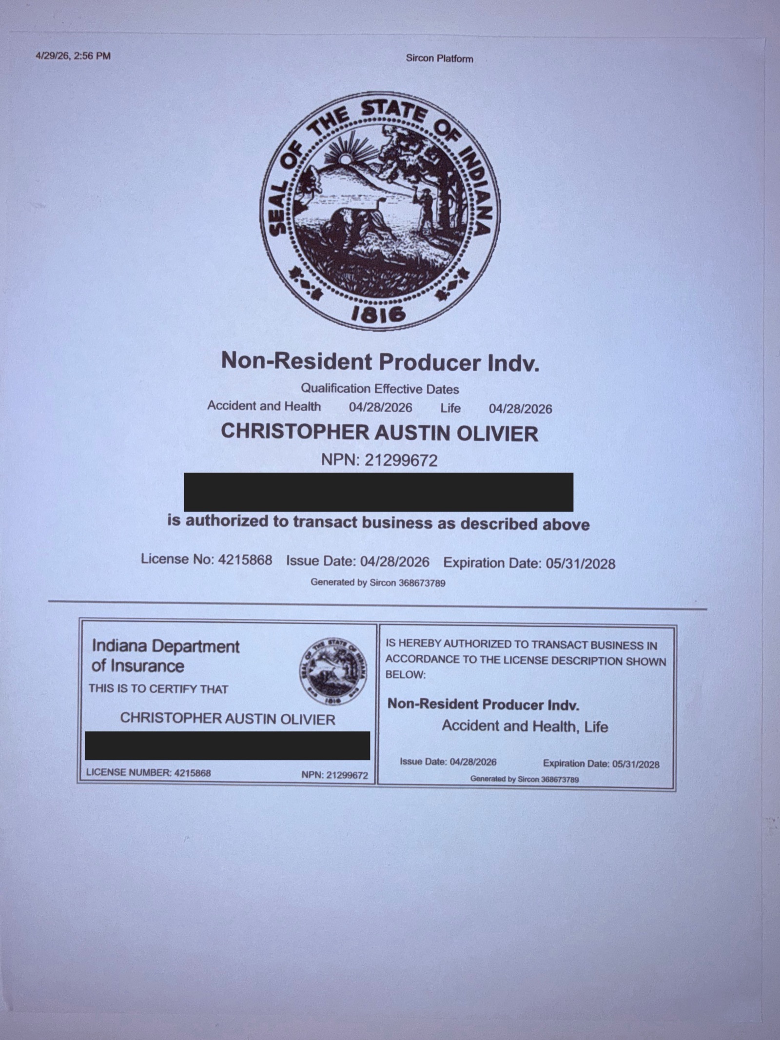 Redacted Indiana insurance producer license certificate for Christopher A. Olivier, NPN 21299672