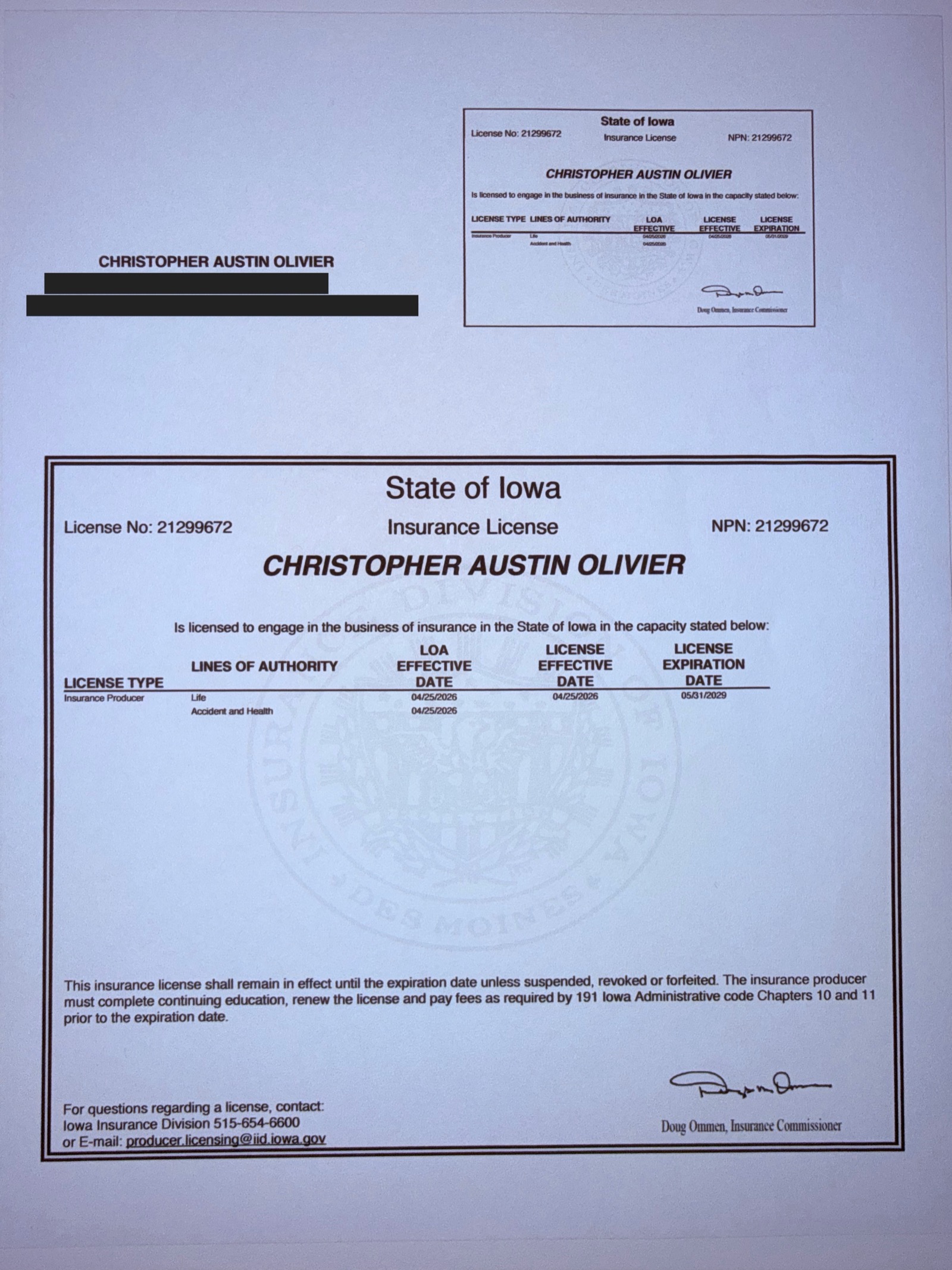 Redacted Iowa insurance producer license certificate for Christopher A. Olivier, NPN 21299672