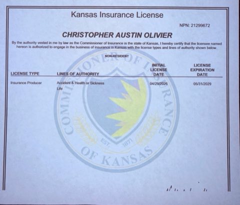 Kansas health insurance license certificate - Christopher A Olivier, NPN 21299672