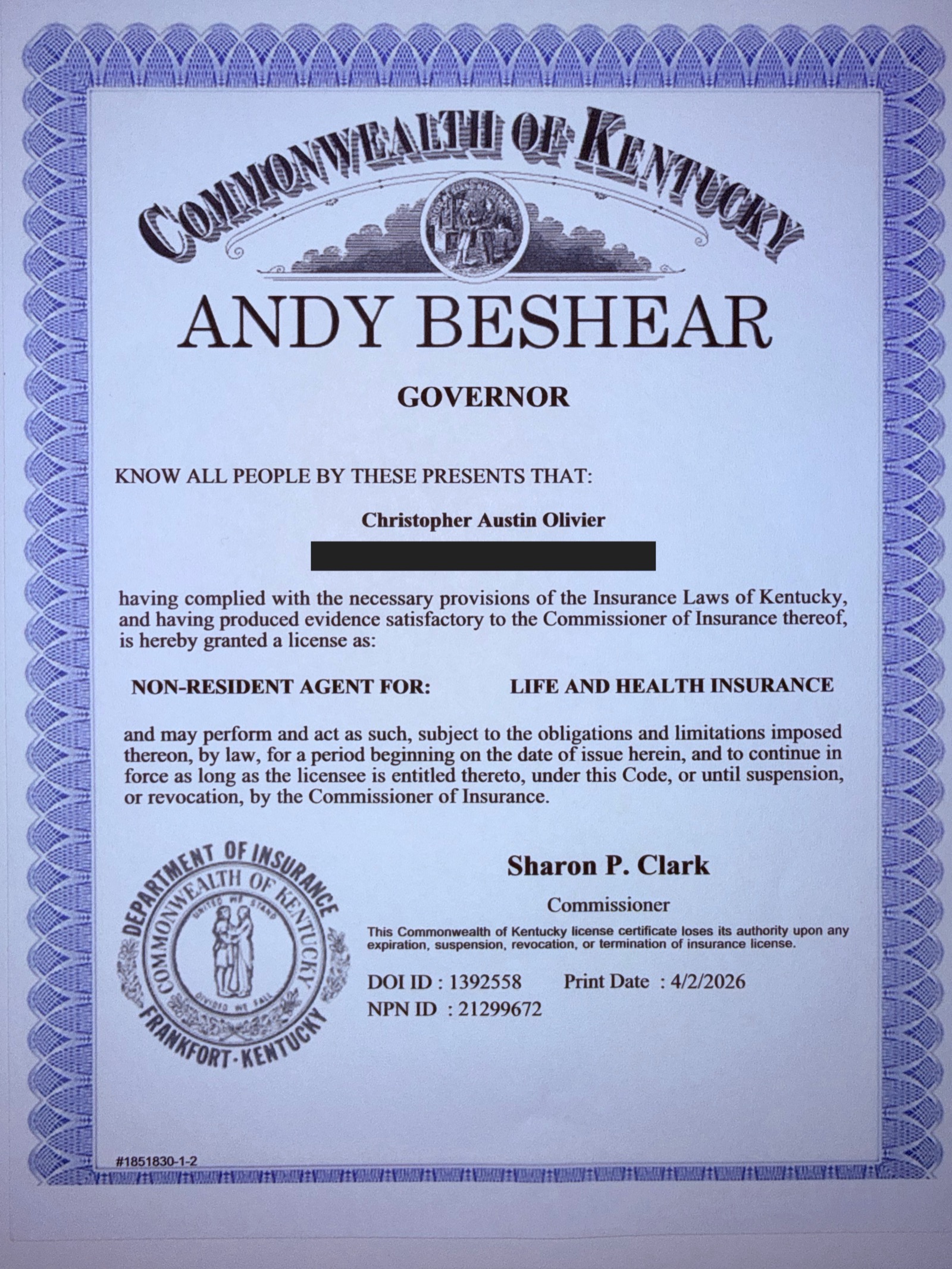 Redacted Kentucky insurance producer license certificate for Christopher A. Olivier, NPN 21299672
