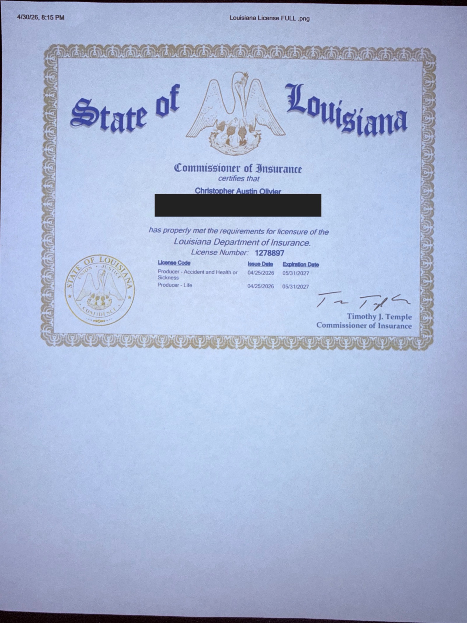 Redacted Louisiana insurance producer license certificate for Christopher A. Olivier, NPN 21299672
