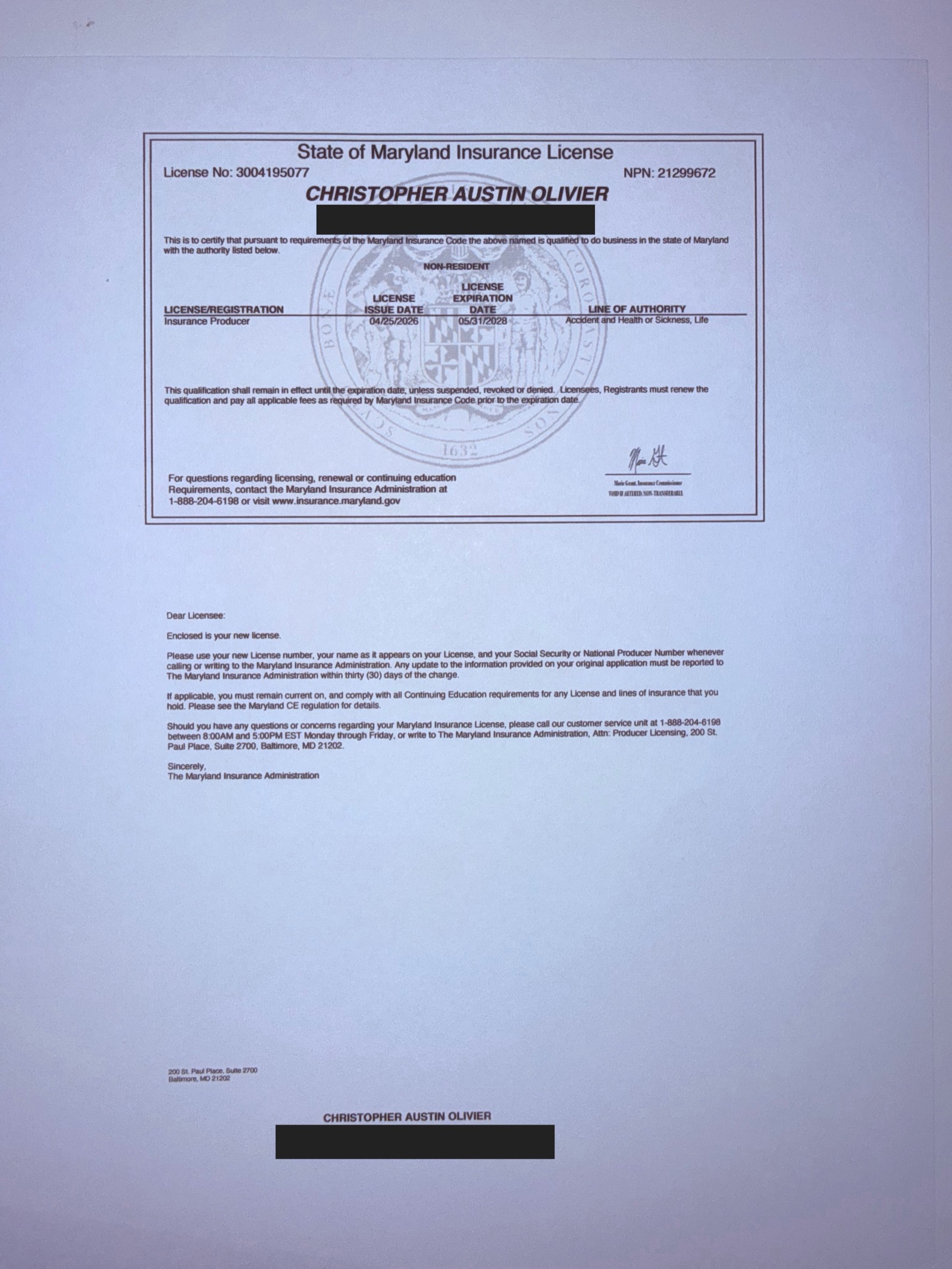 Redacted Maryland insurance producer license certificate for Christopher A. Olivier, NPN 21299672