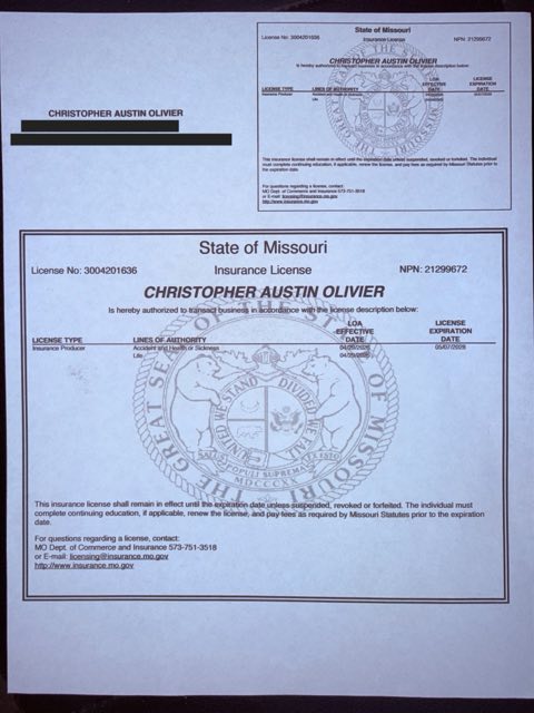 Missouri health insurance license certificate - Christopher A Olivier, NPN 21299672