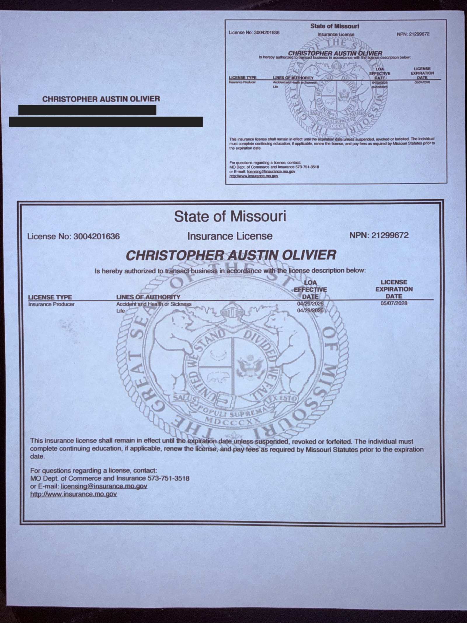 Redacted Missouri insurance producer license certificate for Christopher A. Olivier, NPN 21299672