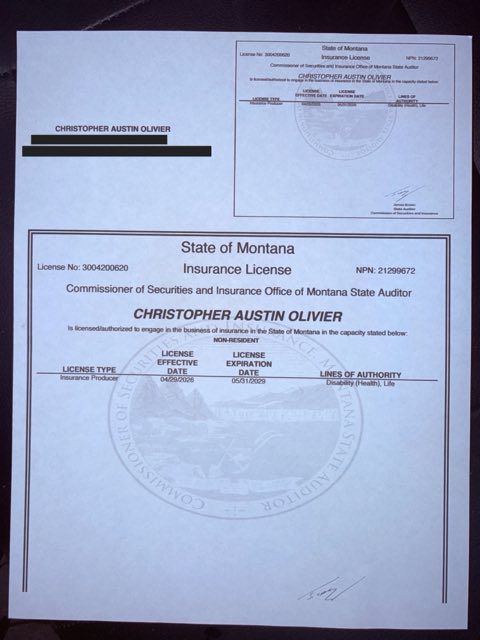 Montana health insurance license certificate - Christopher A Olivier, NPN 21299672