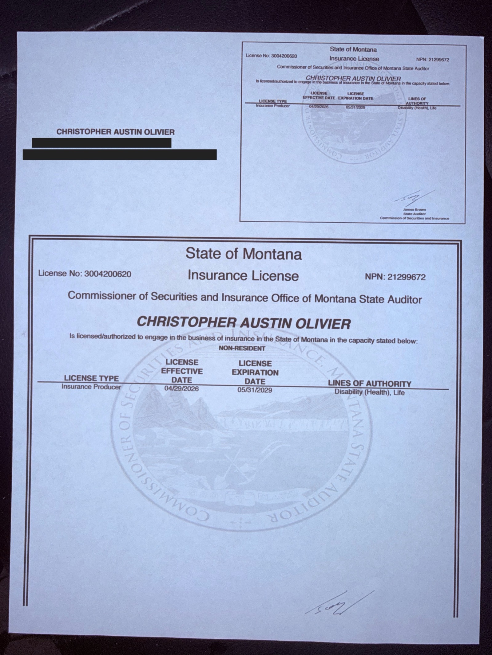 Redacted Montana insurance producer license certificate for Christopher A. Olivier, NPN 21299672