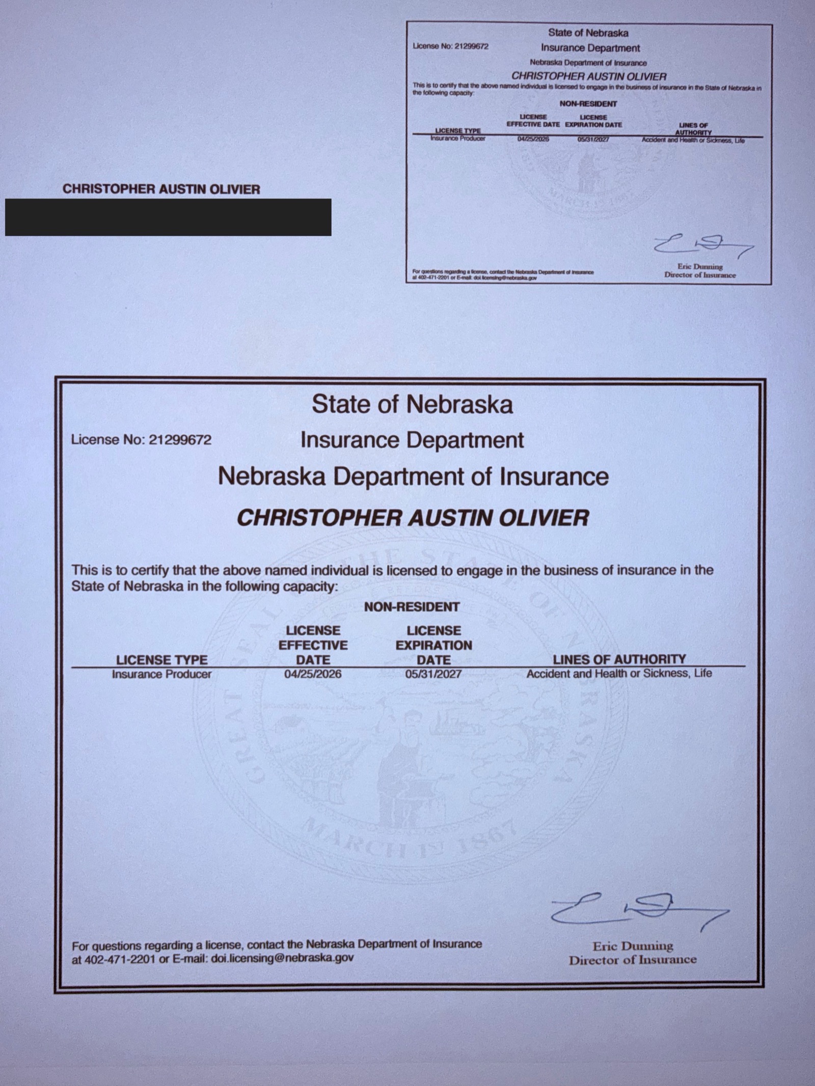 Redacted Nebraska insurance producer license certificate for Christopher A. Olivier, NPN 21299672