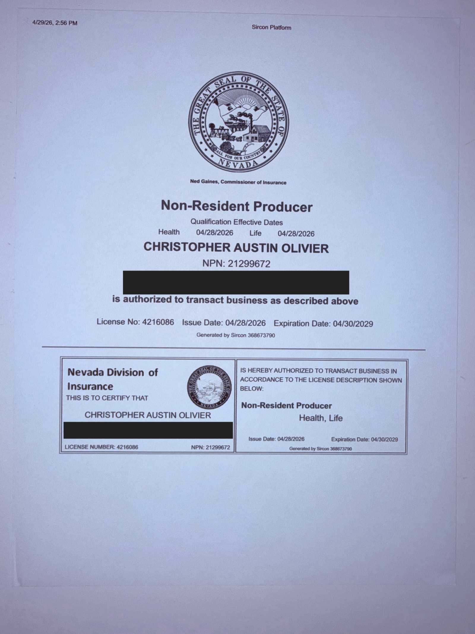 Redacted Nevada insurance producer license certificate for Christopher A. Olivier, NPN 21299672