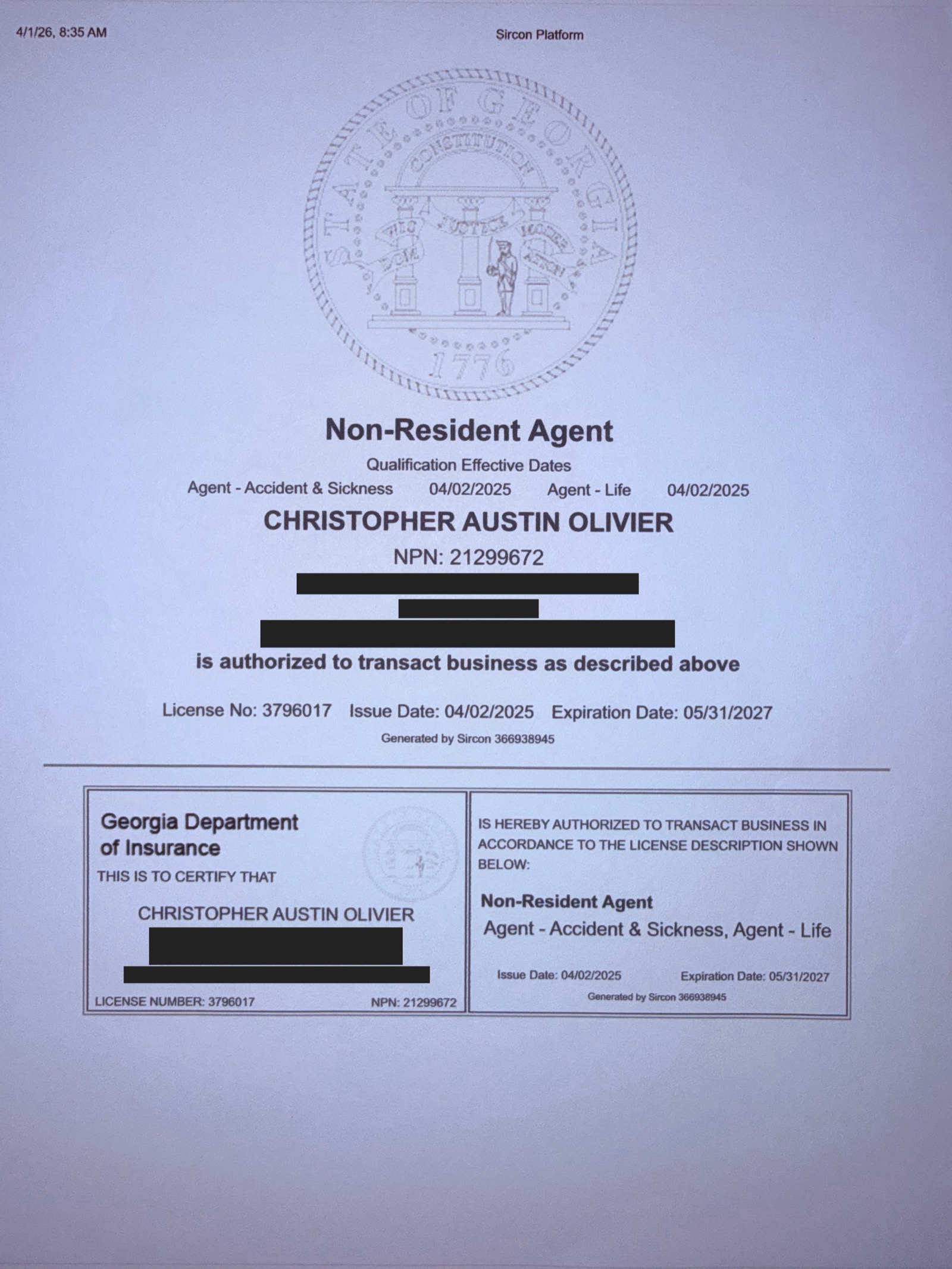 Redacted North Carolina insurance producer license certificate for Christopher A. Olivier, NPN 21299672