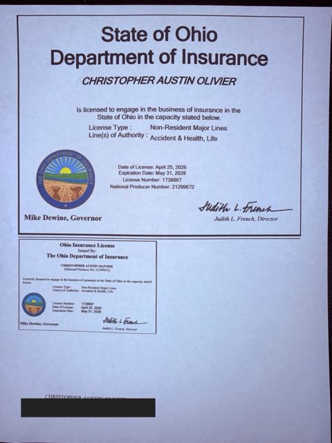 Ohio health insurance license certificate - Christopher A Olivier, NPN 21299672