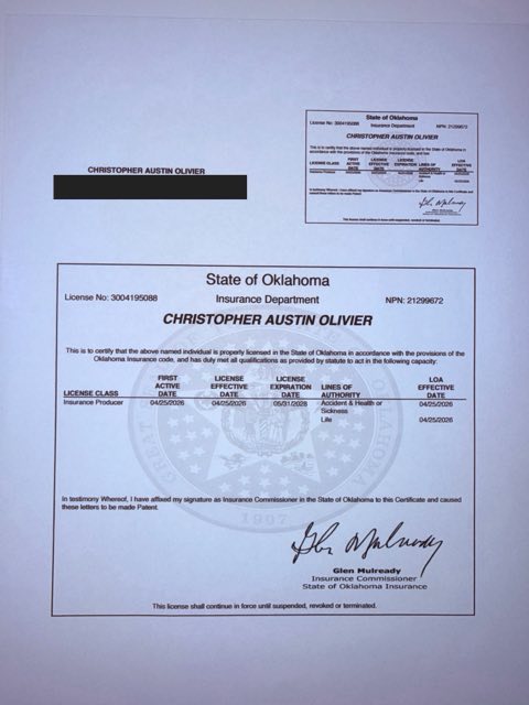 Oklahoma health insurance license certificate - Christopher A Olivier, NPN 21299672