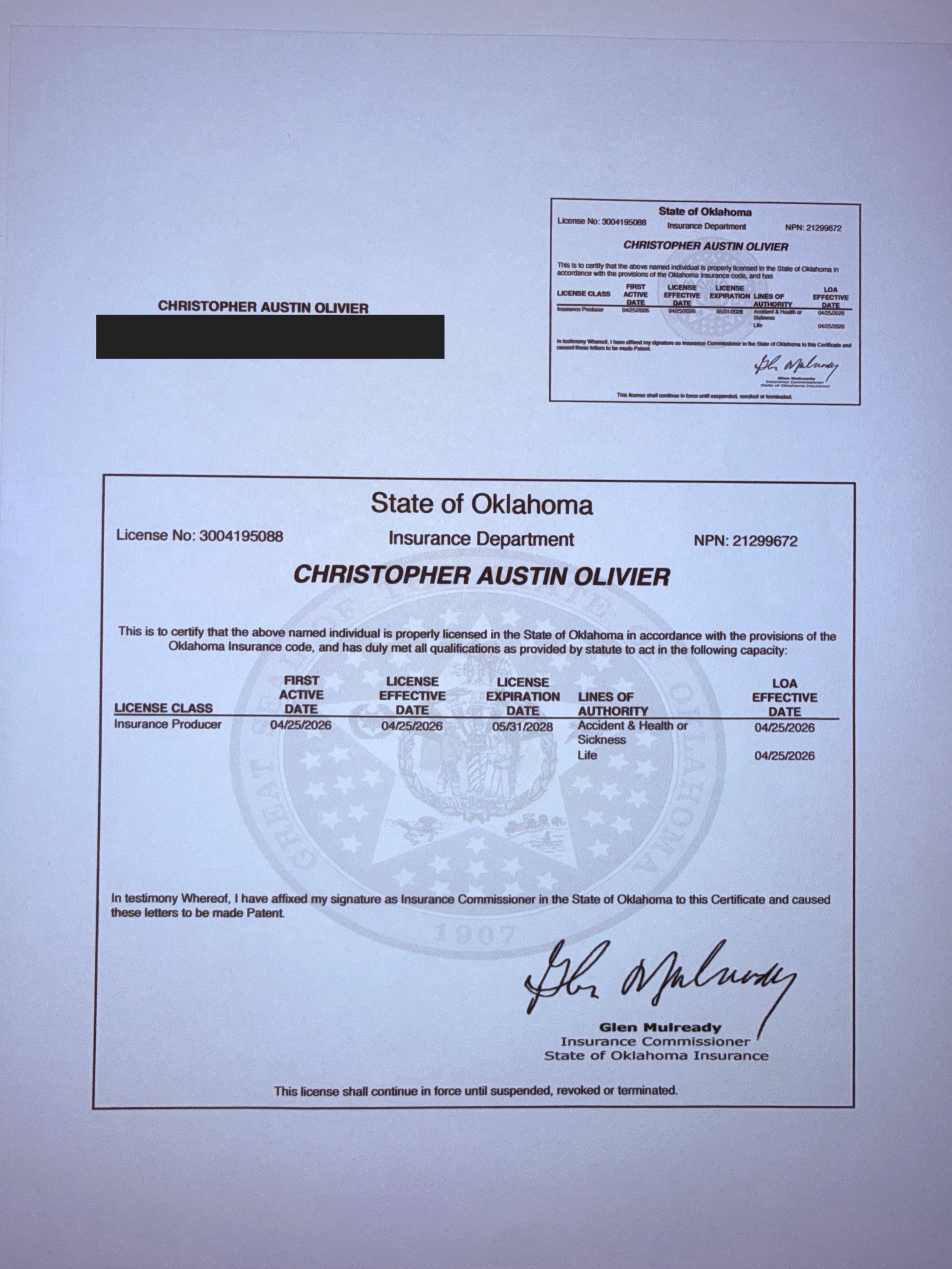 Redacted Oklahoma insurance producer license certificate for Christopher A. Olivier, NPN 21299672