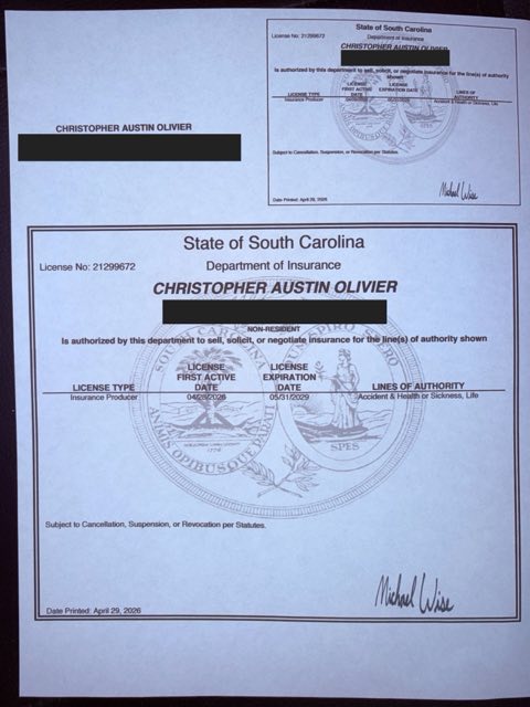 South Carolina health insurance license certificate - Christopher A Olivier, NPN 21299672