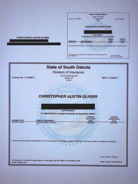 South Dakota health insurance license certificate - Christopher A Olivier, NPN 21299672