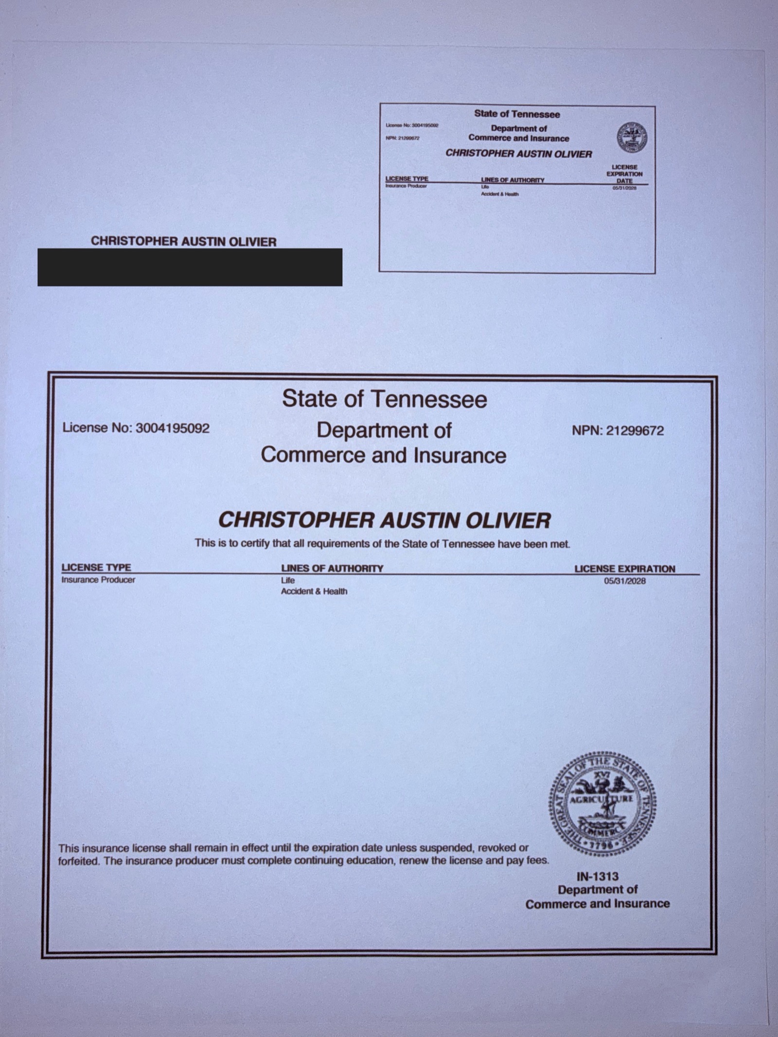 Redacted Tennessee insurance producer license certificate for Christopher A. Olivier, NPN 21299672