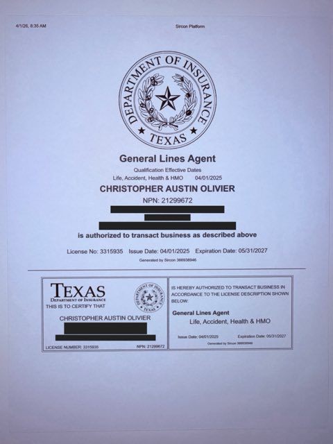 Texas health insurance license certificate - Christopher A Olivier, NPN 21299672