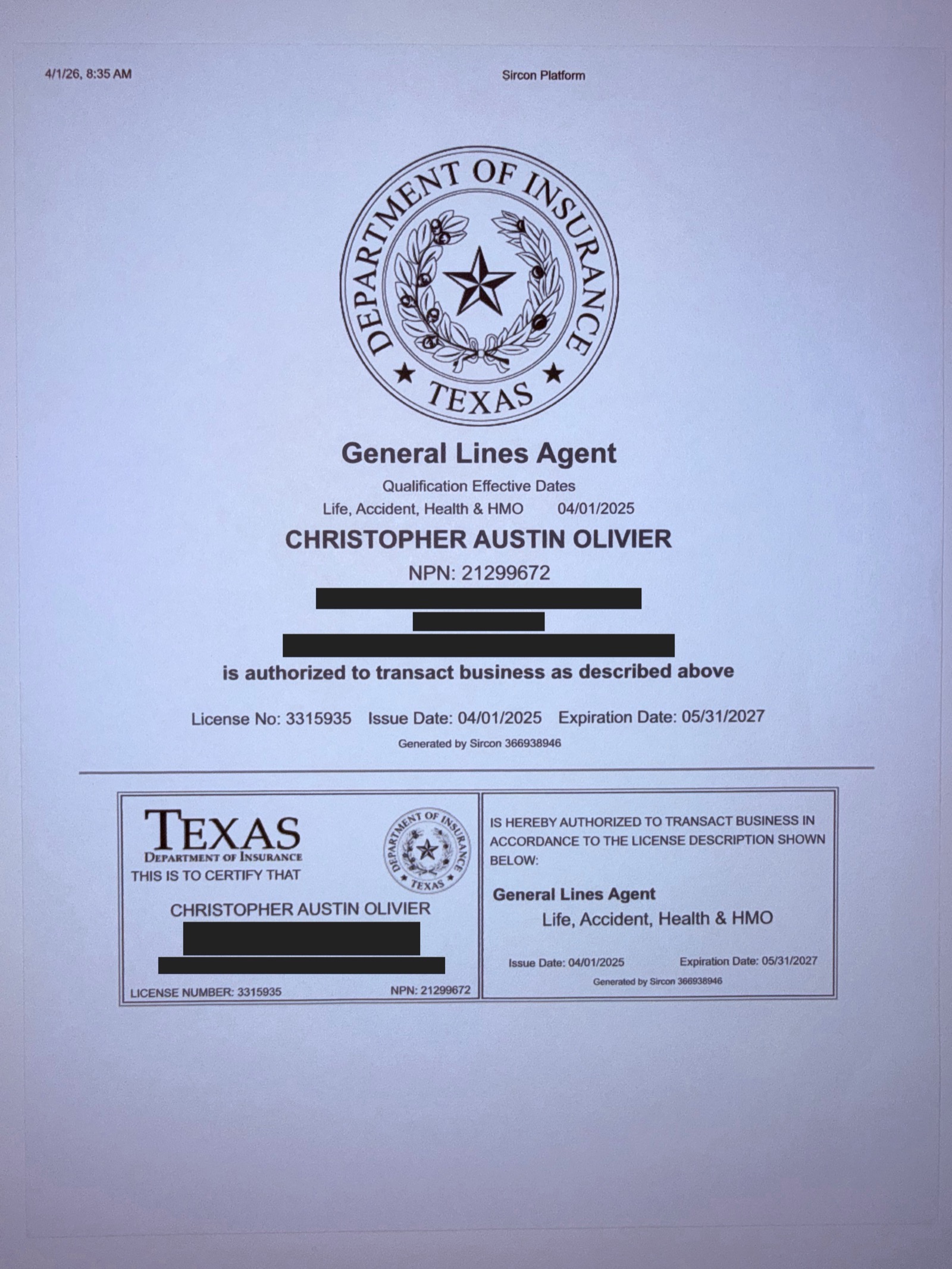 Redacted Texas insurance producer license certificate for Christopher A. Olivier, NPN 21299672