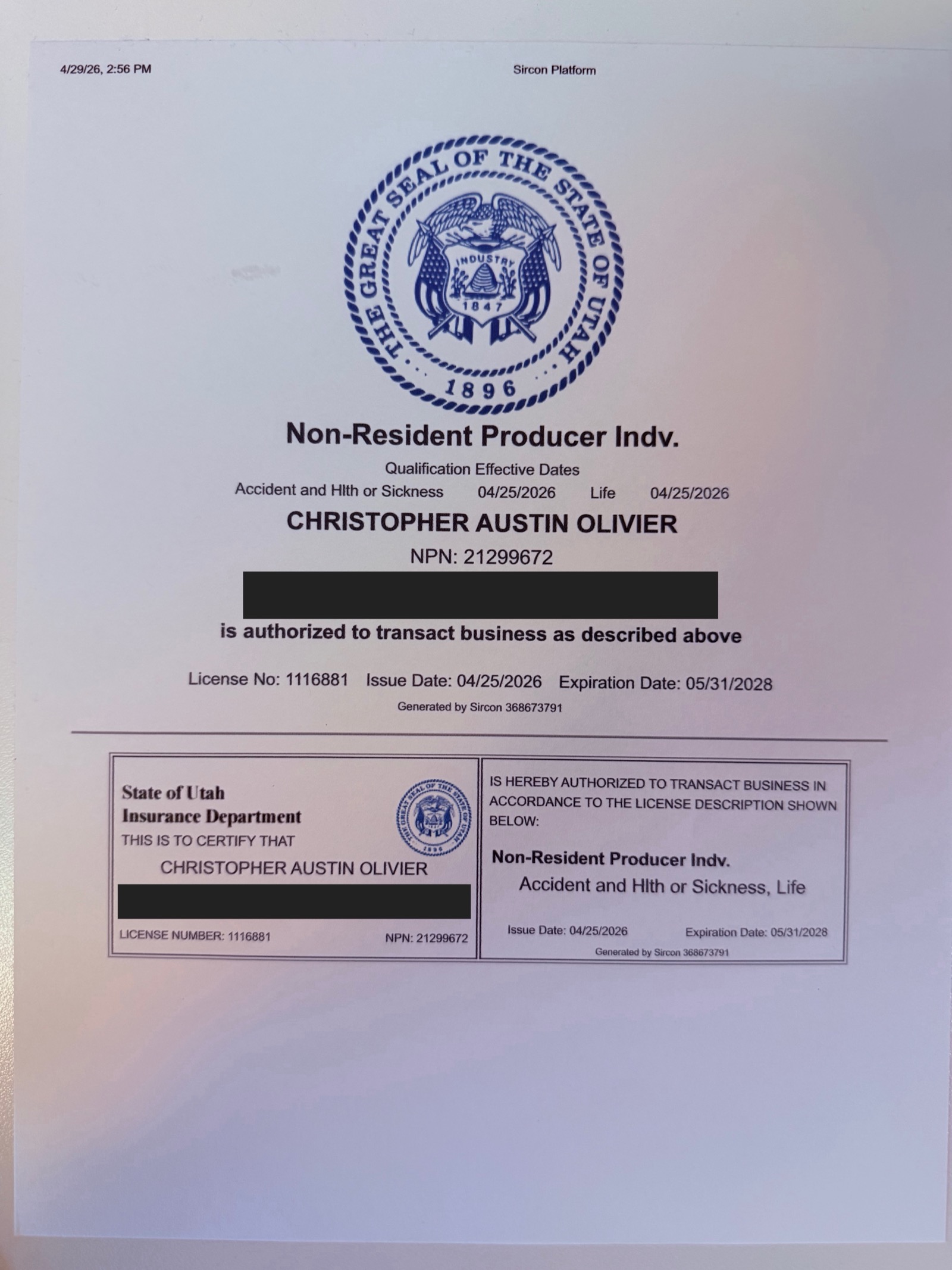 Redacted Utah insurance producer license certificate for Christopher A. Olivier, NPN 21299672