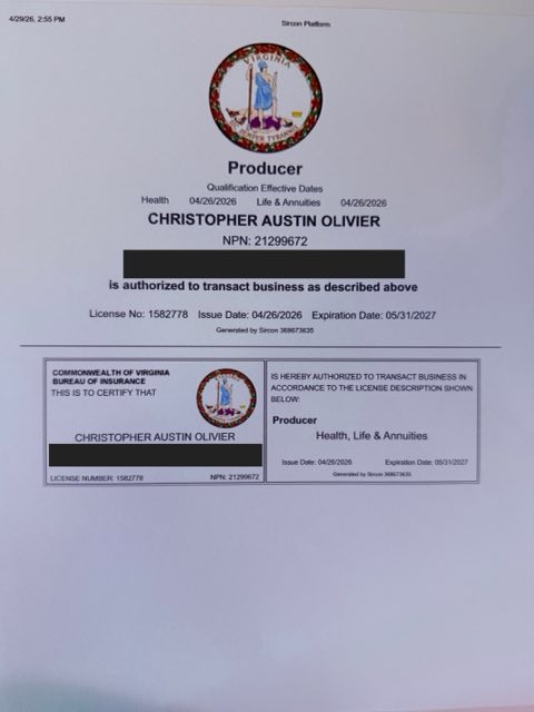 Virginia health insurance license certificate - Christopher A Olivier, NPN 21299672