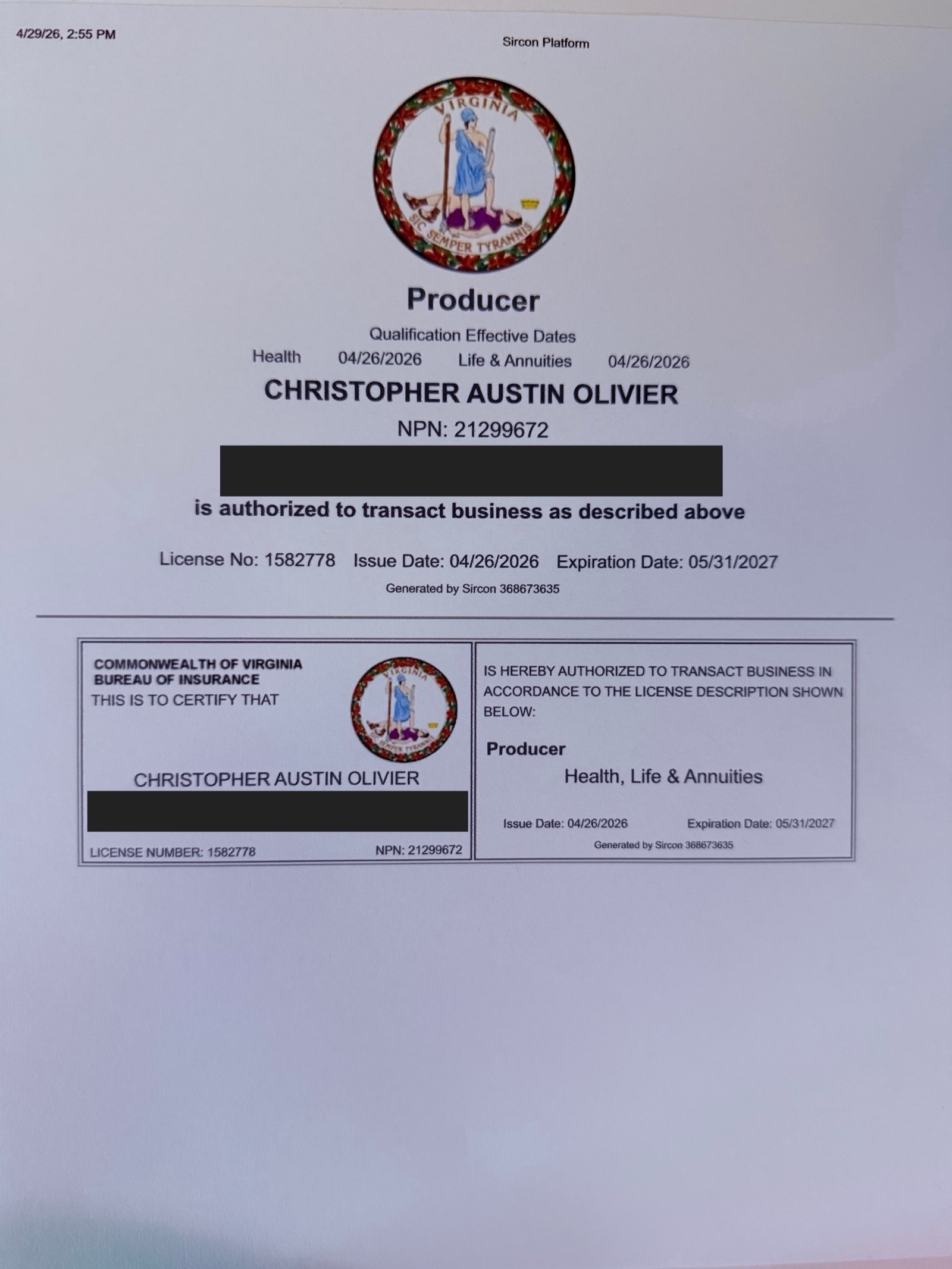 Redacted Virginia insurance producer license certificate for Christopher A. Olivier, NPN 21299672