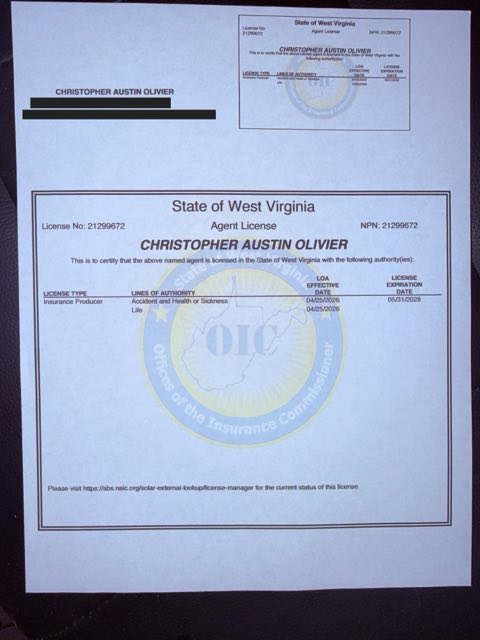 West Virginia health insurance license certificate - Christopher A Olivier, NPN 21299672