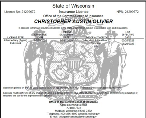 Wisconsin health insurance license certificate - Christopher A Olivier, NPN 21299672