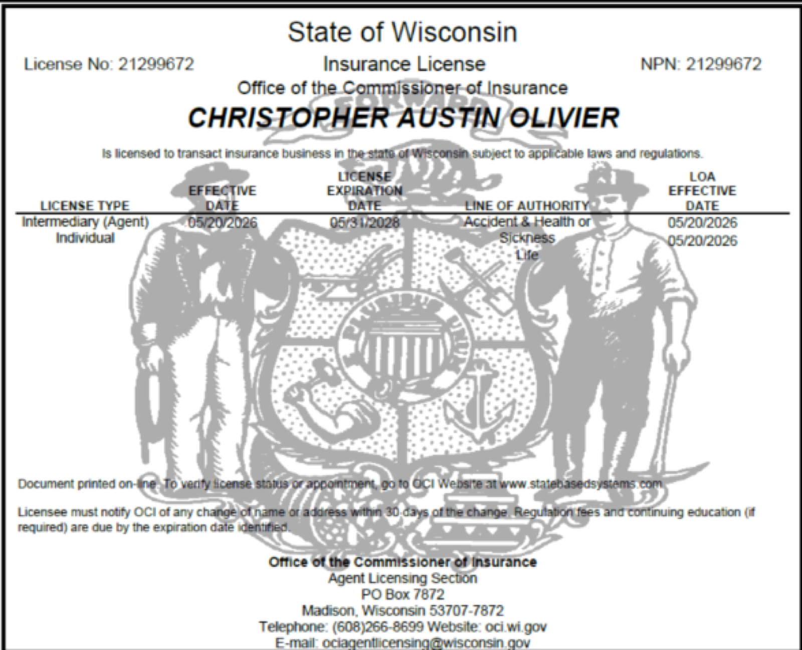 Redacted Wisconsin insurance producer license certificate for Christopher A. Olivier, NPN 21299672
