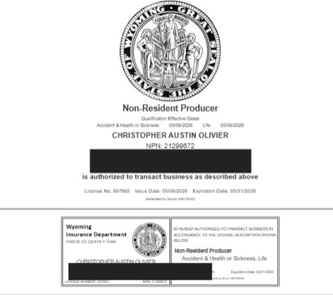 Wyoming health insurance license certificate - Christopher A Olivier, NPN 21299672