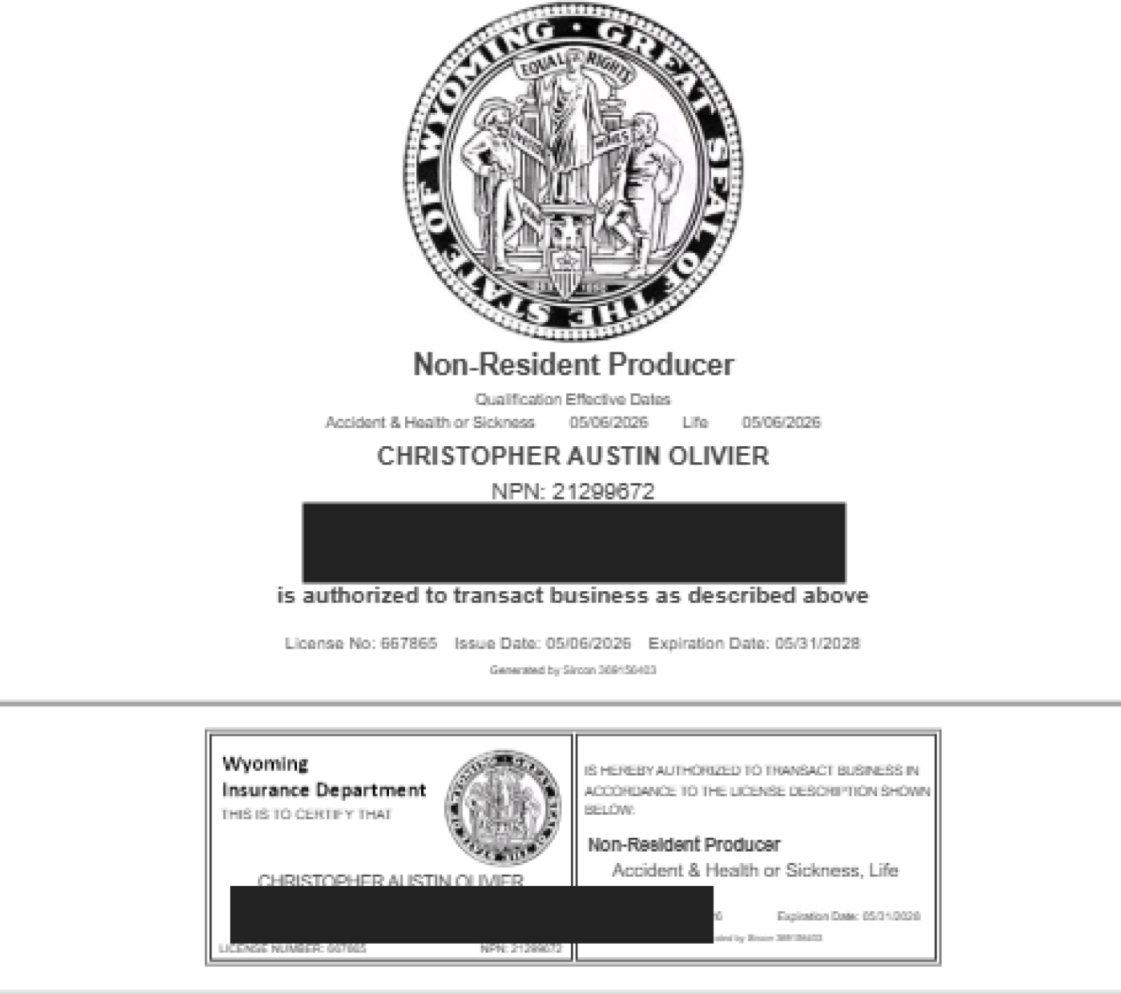 Redacted Wyoming insurance producer license certificate for Christopher A. Olivier, NPN 21299672
